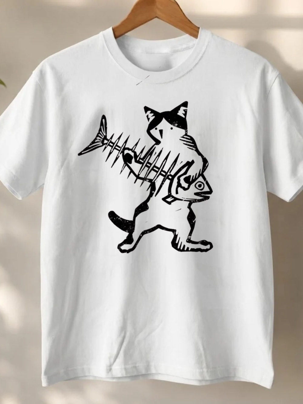 Gildan White Short Sleeve Tee with Black Cat & Fishbone Graphic